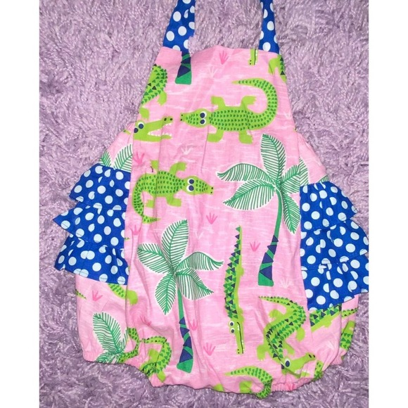 6/9 Ricrac & Ruffles Baby Girls Boutique Pink Green Alligator Bubble Romper - Picture 3 of 8
